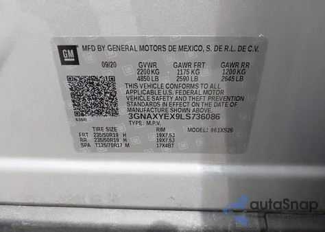 2020 Chevrolet Equinox Awd Premier 2.0L Turbo из США, поврежденный, VIN 3GNAXYEX9LS736086